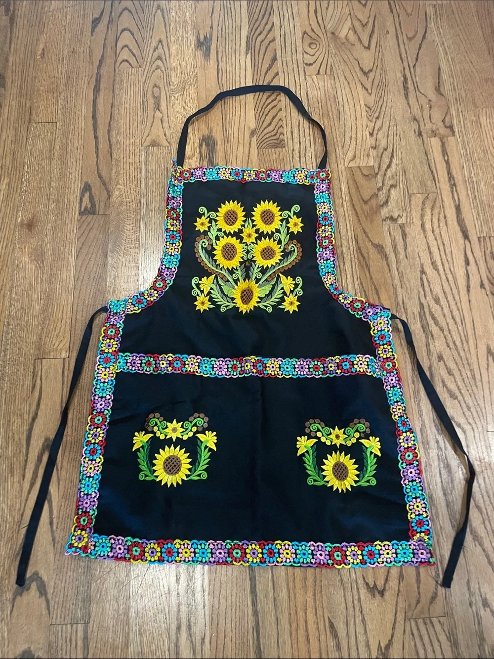 Sunflower Embroidered Black Kitchen kids Apron with Floral Trim